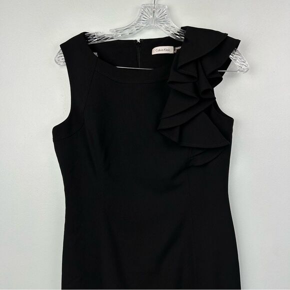 Calvin Klein Ruffle Flutter Sleeve Sheath Dress Black Back Zip Cocktail LBD Sz 4 - Picture 14 of 16